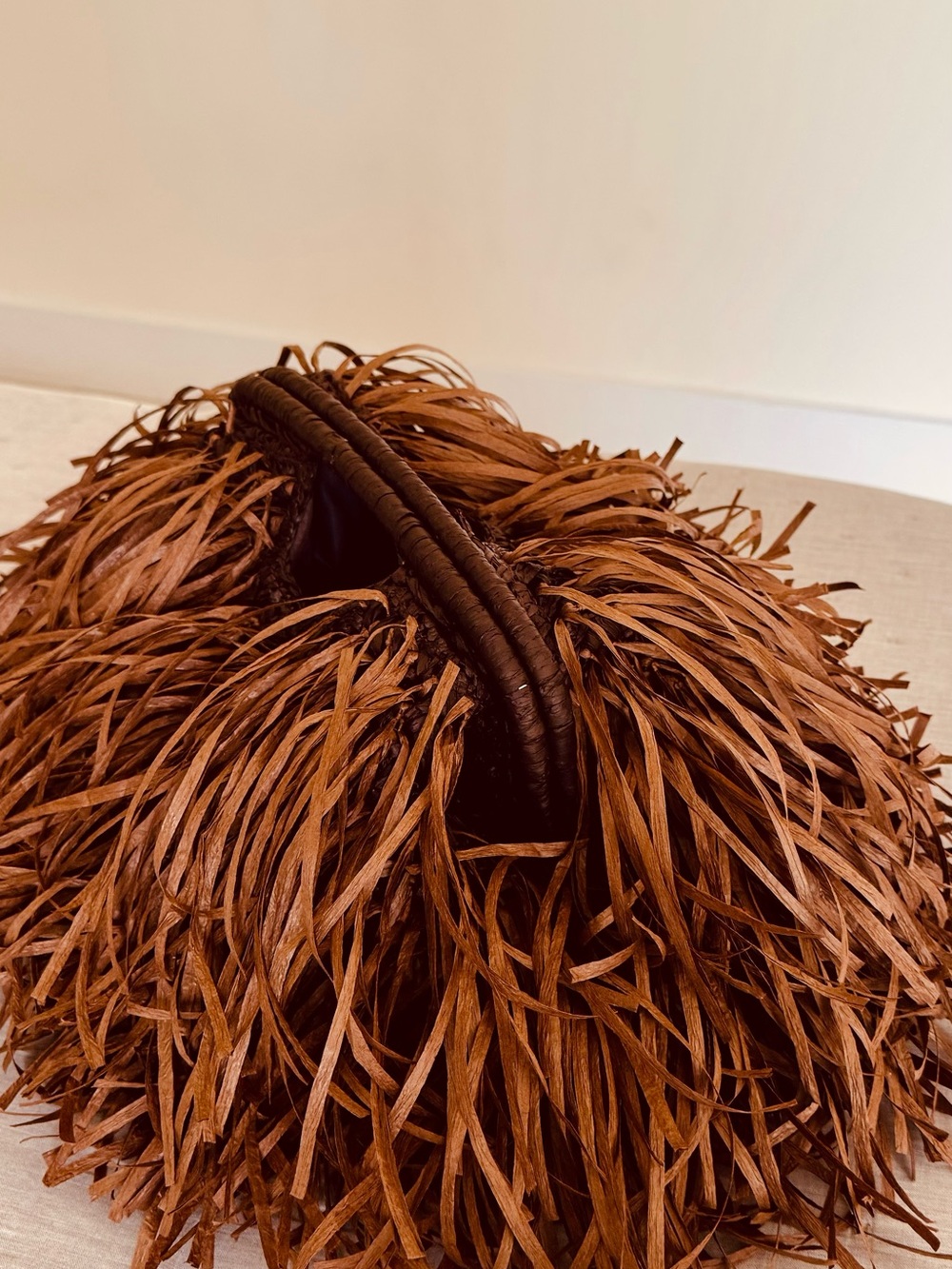 Brown Fringe Raffia Tote Bag - Handmade - Picture 4 of 6
